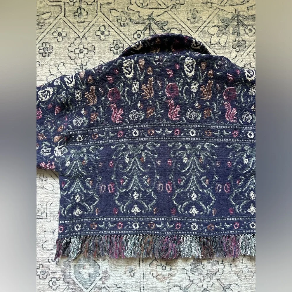 Handmade Upcycled Floral Blanket Jacket with Fringe - Picture 5 of 6